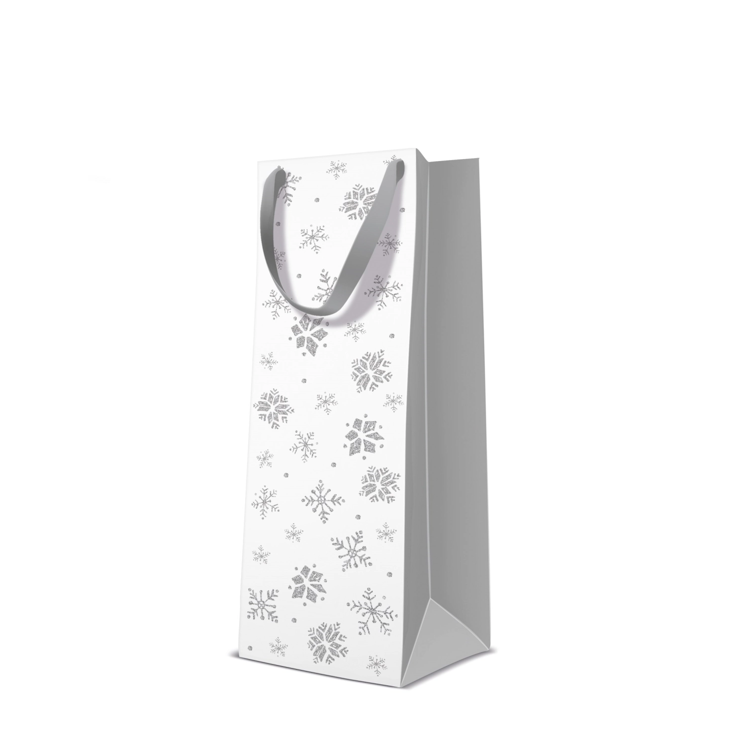 Sac cadeau pour bouteille flocons de neige/argent 12x10x37cm