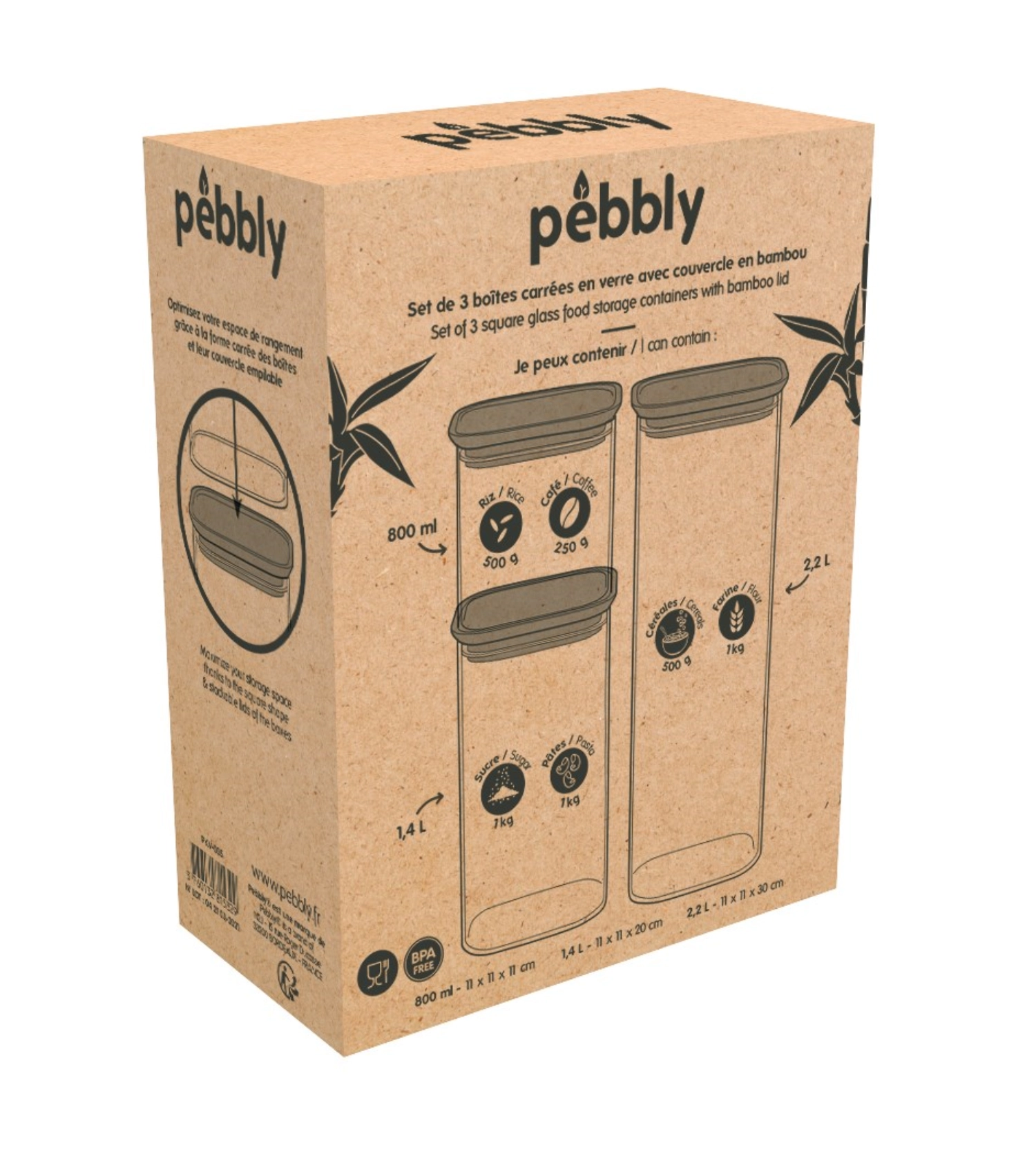 3x bocaux pebbly avec couvercle en bambou 0.8, 1.4, 2.2lt