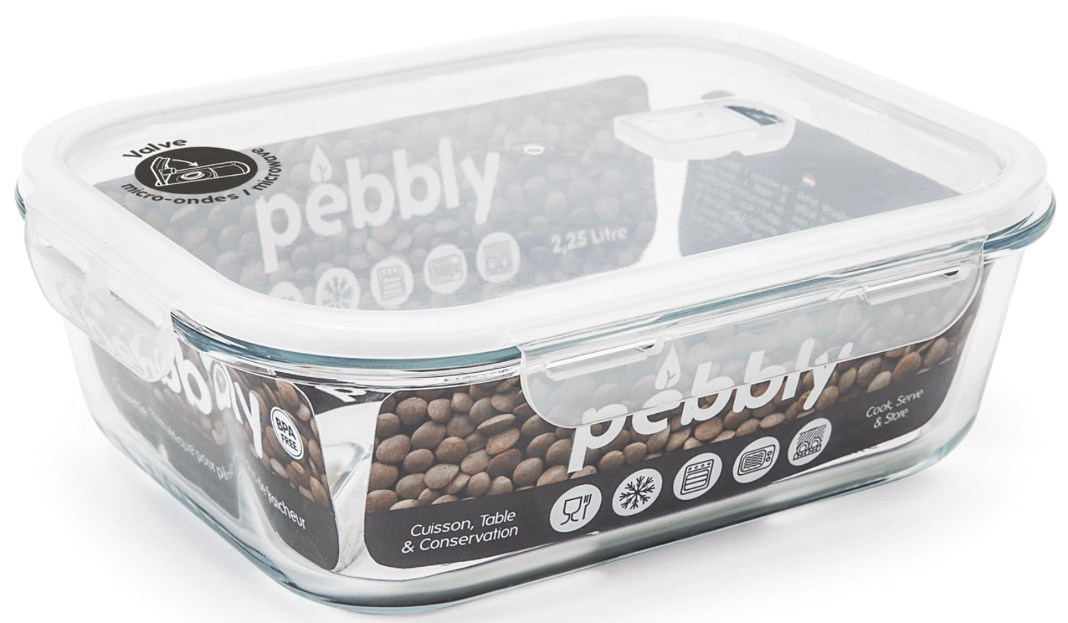 Pebbly pot à provisions en verre avec valve rectangulaire