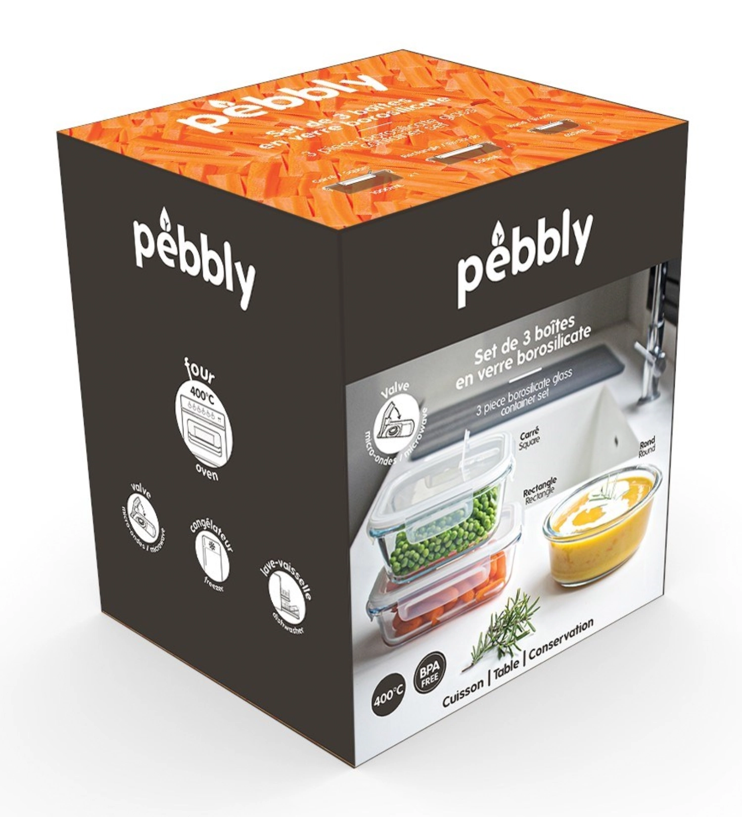 Set de 3 boîtes à valve pebbly, 80cl, 65cl, 62cl