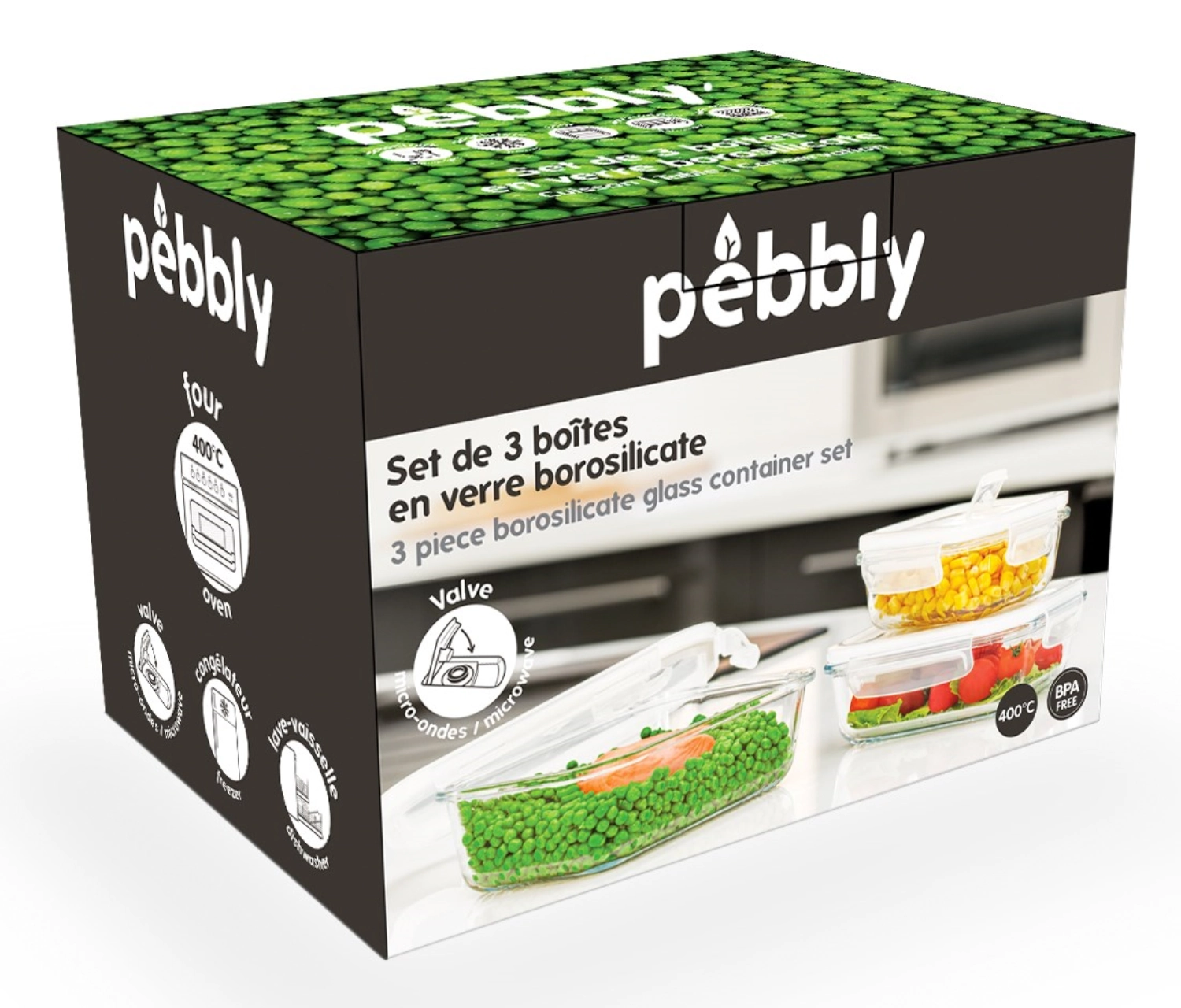 3x boîtes de conservation pebbly avec valve, droite