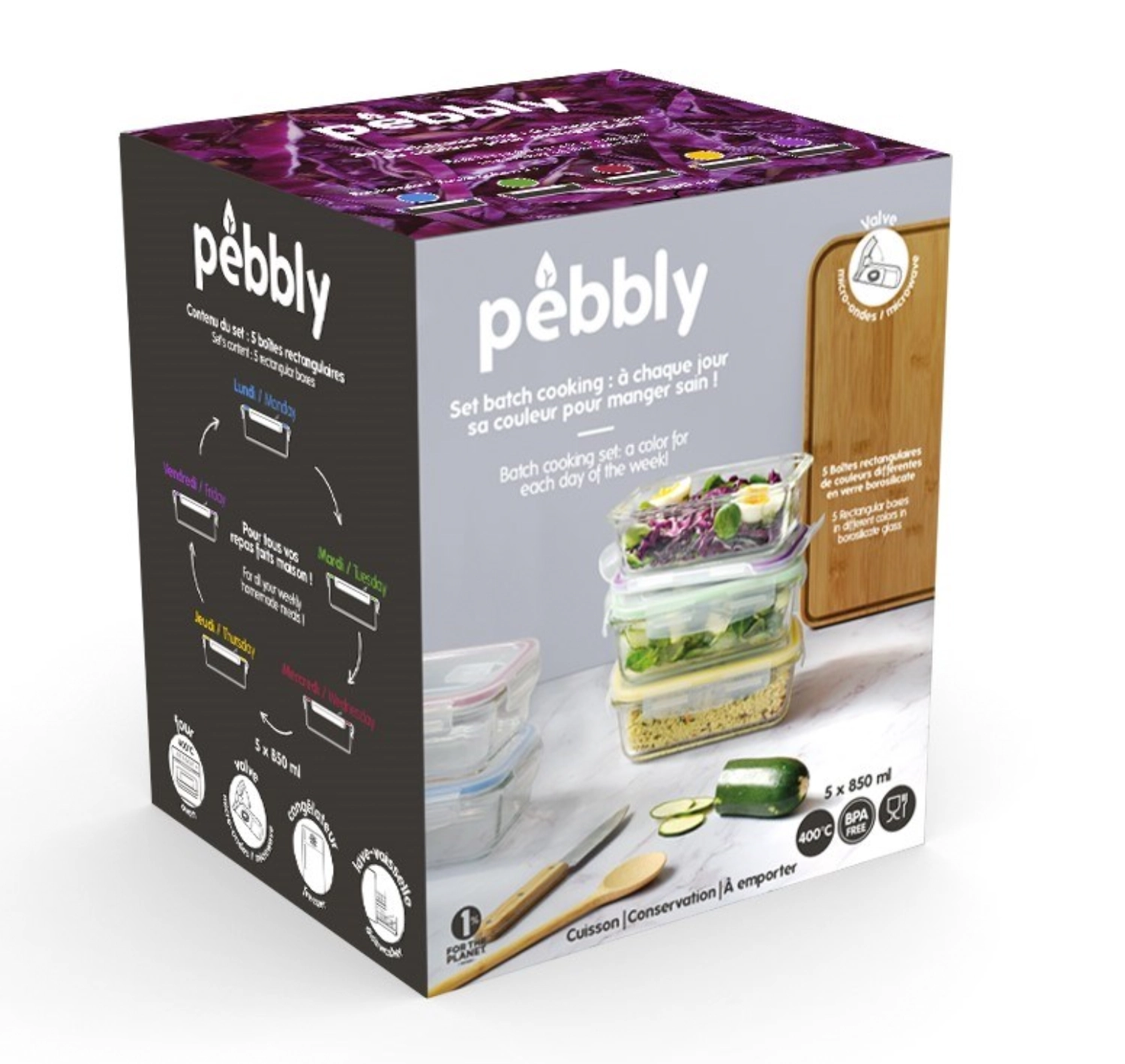 Set de 5 bocaux pebbly avec couvercle plastique, 850 ml