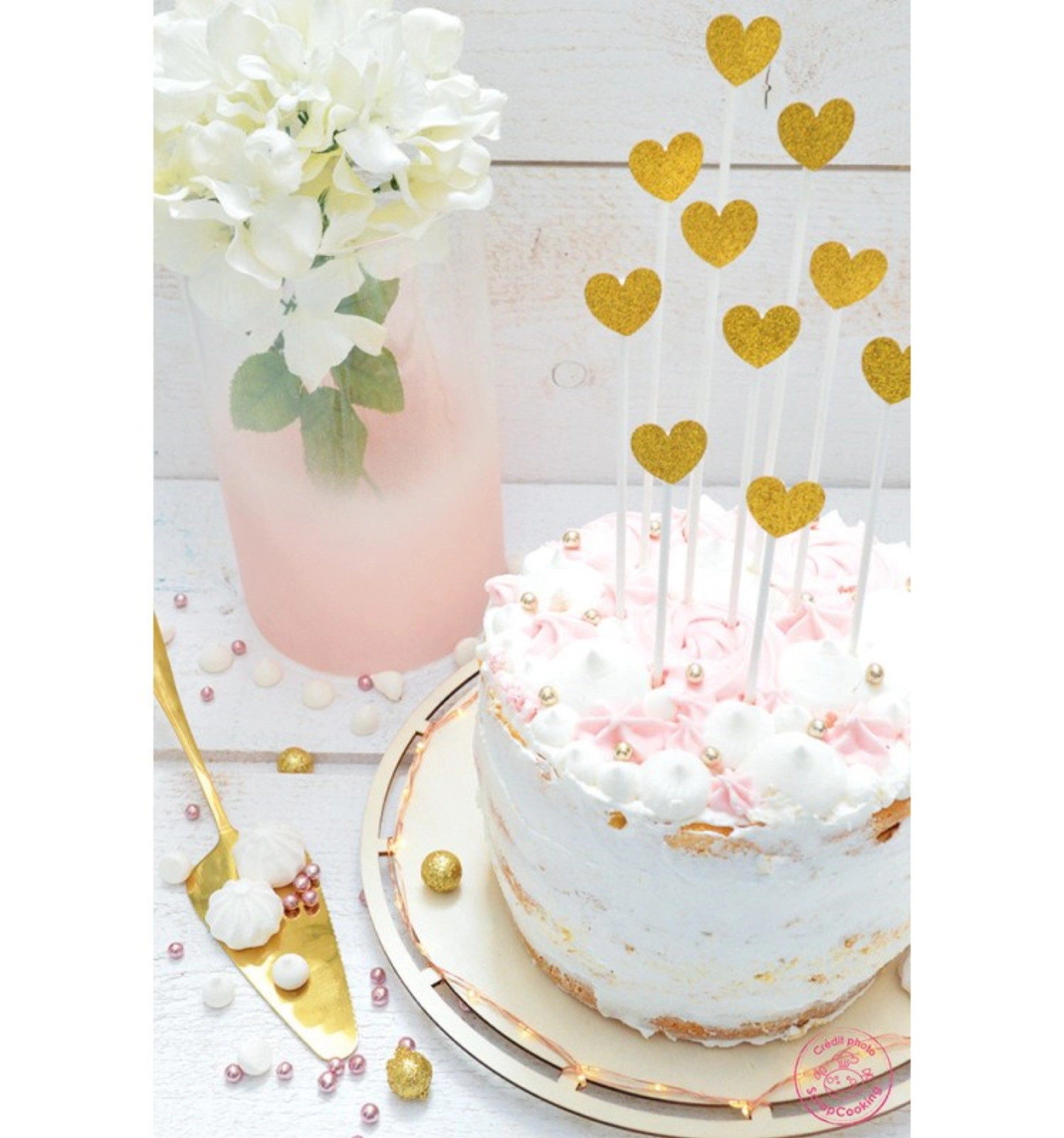 10x cakes toppers coeurs dorés h20cm